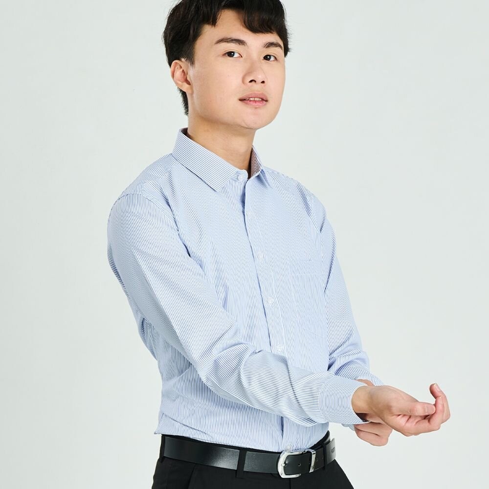 【WEISHTON】韓版修身抗皺襯衫-長袖-斜紋灰、條紋藍、斜紋藍、斜紋粉 台灣現貨 男襯衫 商務 口袋 硬領-細節圖3