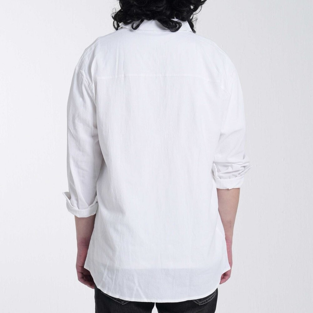 棉麻涼感 休閒襯衫 長袖-白色/黑色-細節圖5