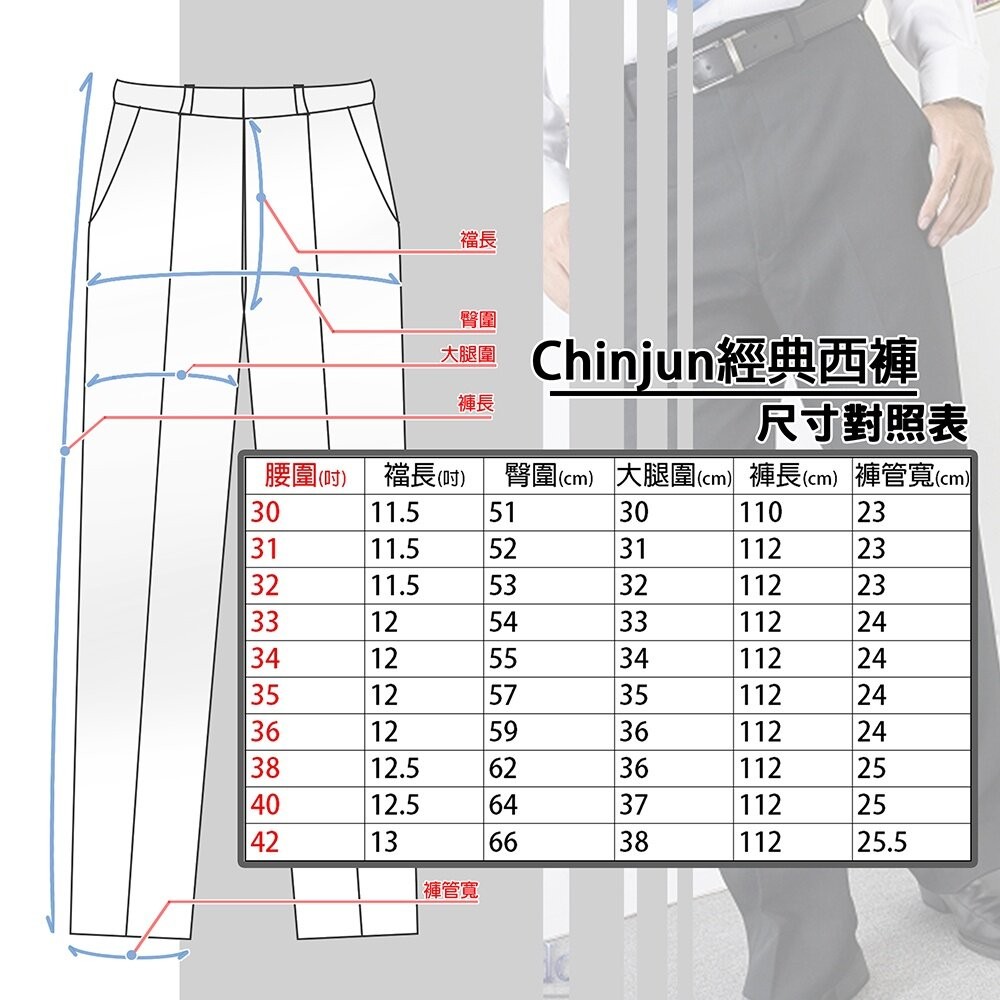 【Chinjun】正統高腰西裝褲 100%免燙，打折素色深藍黑-細節圖2
