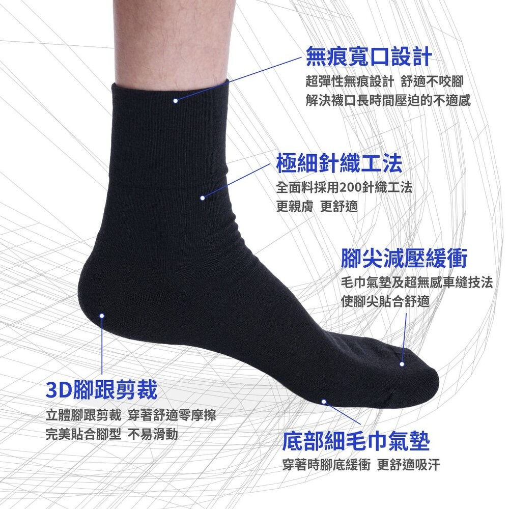 寬口無痕氣墊襪-素黑/無滿車縫線 紳士襪 皮鞋襪 休閒襪 MIT台灣製造 襪子-細節圖2