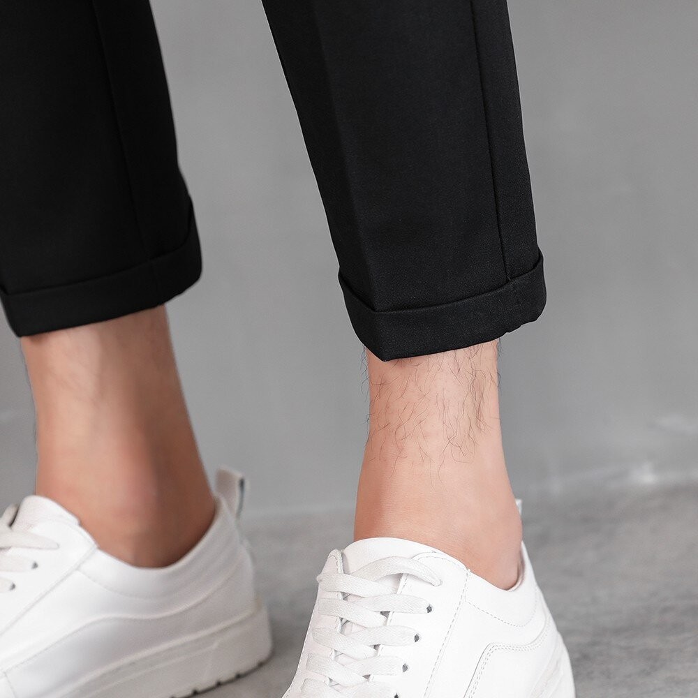 男士休閒修身西裝褲-九分褲 黑色 微彈性 微正式 極簡 韓版 文青風-細節圖3