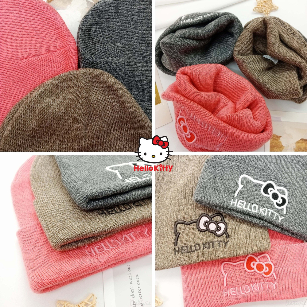 台灣製 Sanrio 正版授權Hello Kitty凱蒂貓 成人 刺繡單層反摺毛帽 粉/棕/深灰-細節圖3
