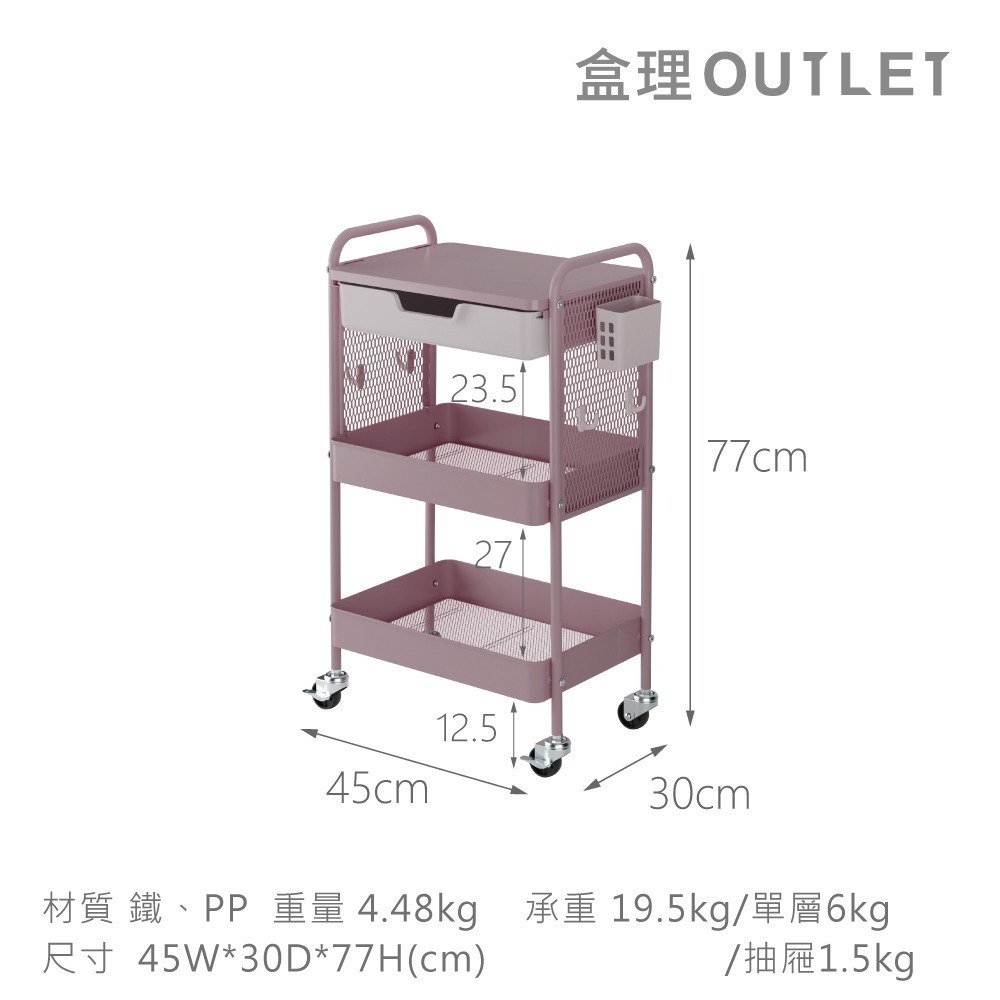 【抖友限定】附抽三層收納全鐵推車 多配件掛籃配件 網籃三層推車/收納推車/置物推車-盒理OUTLET(隱賣)-細節圖9
