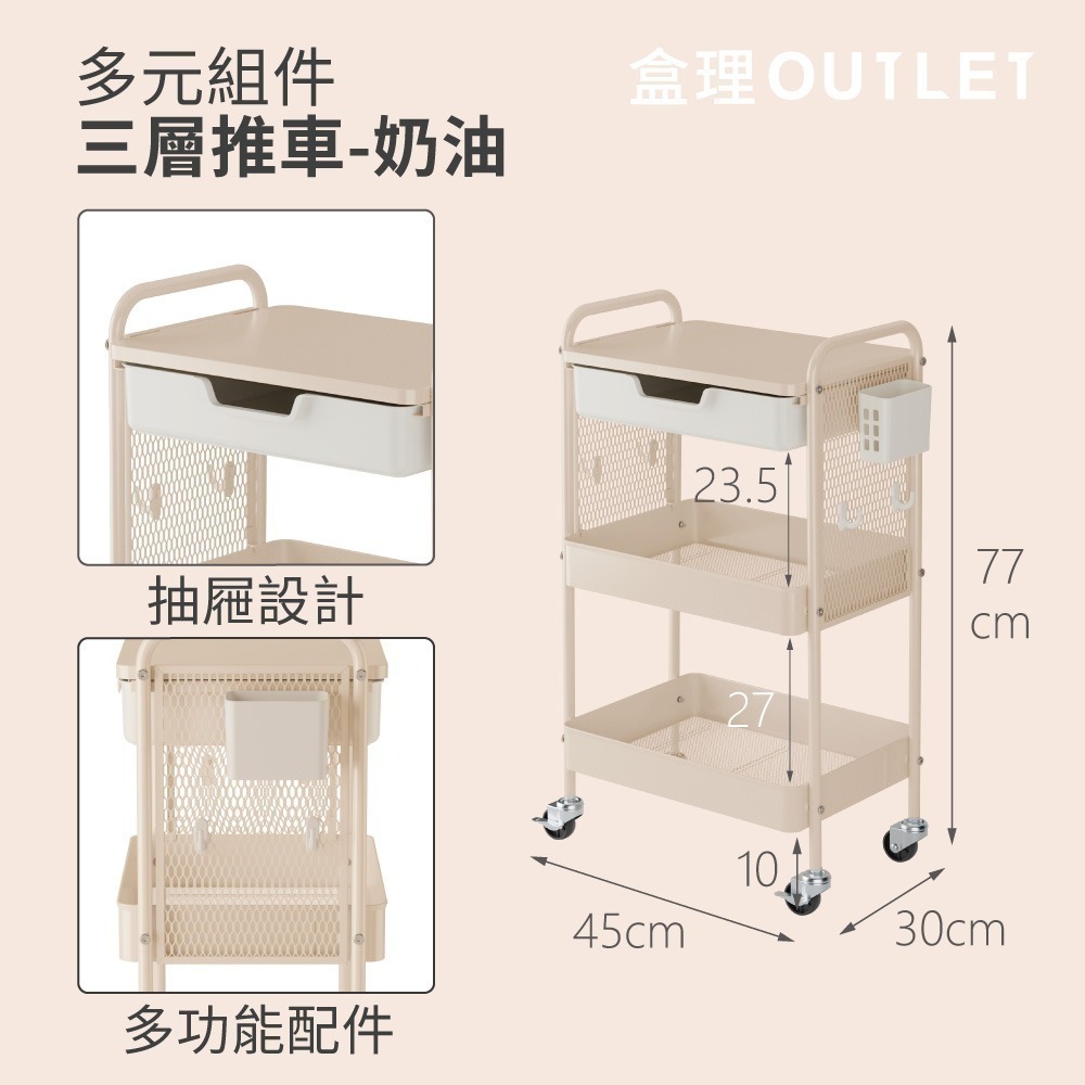 【抖友限定】附抽三層收納全鐵推車 多配件掛籃配件 網籃三層推車/收納推車/置物推車-盒理OUTLET(隱賣)-細節圖10