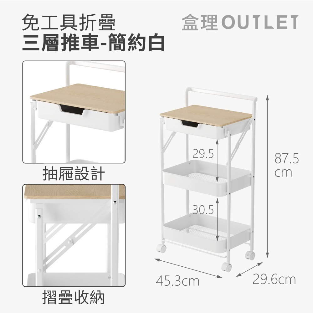 【抖友限定+現貨】免工具附抽三層折疊推車-白 摺疊收納推車 網籃三層推車-盒理OUTLET-(隱賣)-細節圖3