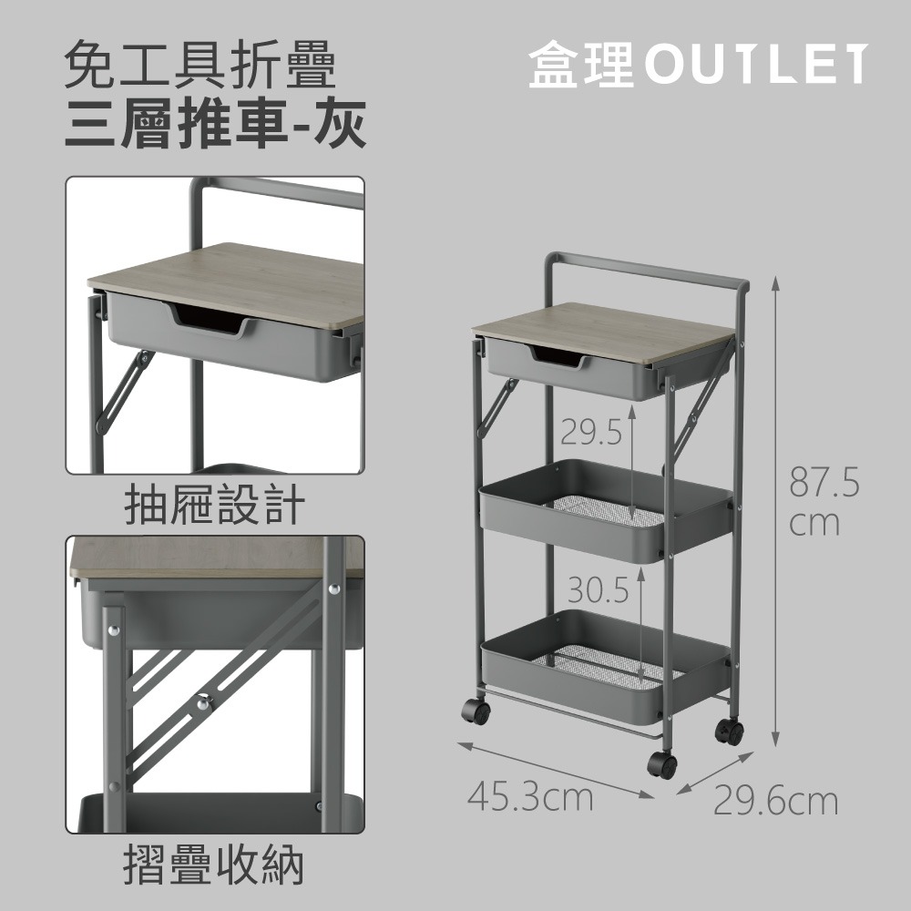 免工具附抽三層折疊推車-白/灰-盒理OUTLET-細節圖3