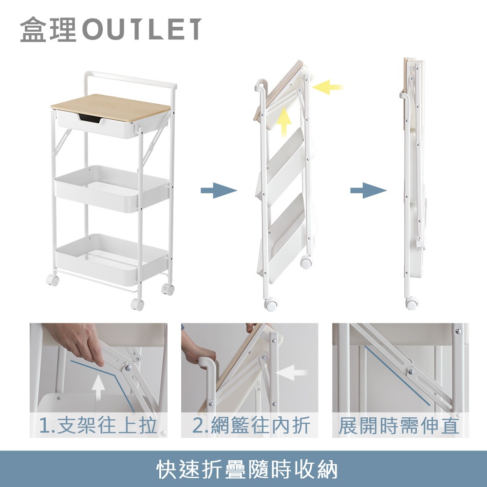 免工具附抽三層折疊推車-白/灰-盒理OUTLET-細節圖9