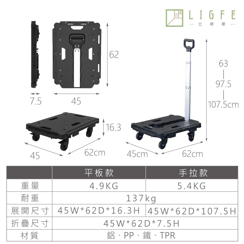 立格扉ligfe 手拉平板車-黑 可拼接載貨推車 烏龜車-細節圖2