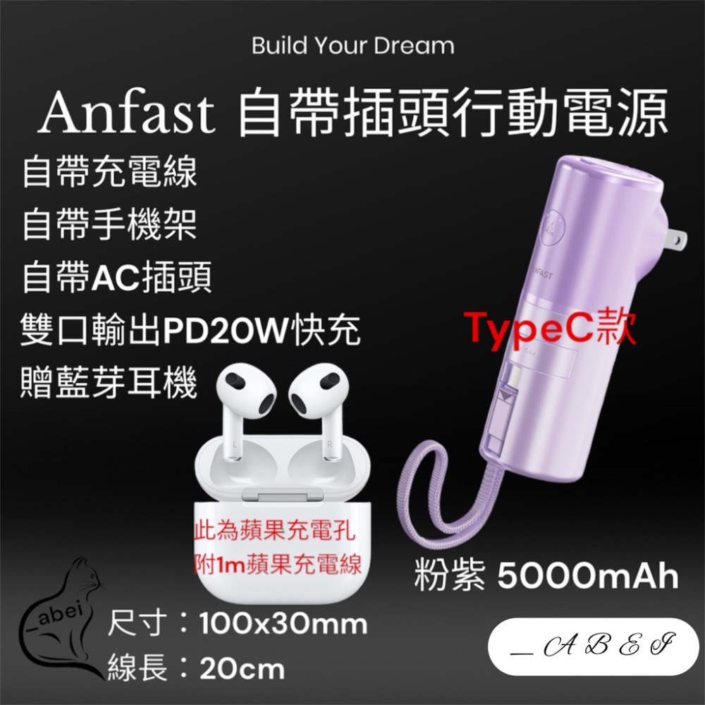 全館免運❗️Anfast 帶線AC行動電源充電器 帶線行動電源 帶插頭行動電源 能量棒行動電源 行動電源 帶線充電器-規格圖6