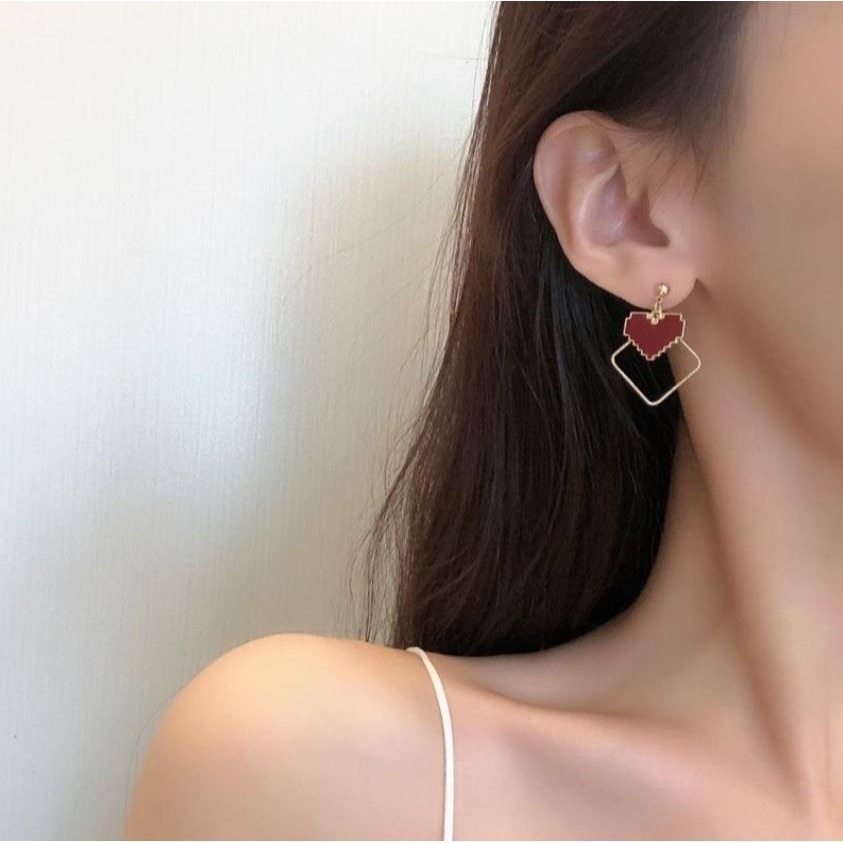 ♛ROSEMAYR♛S925銀針 韓風 復古 幾何方形 酒紅色愛心 耳環-細節圖4