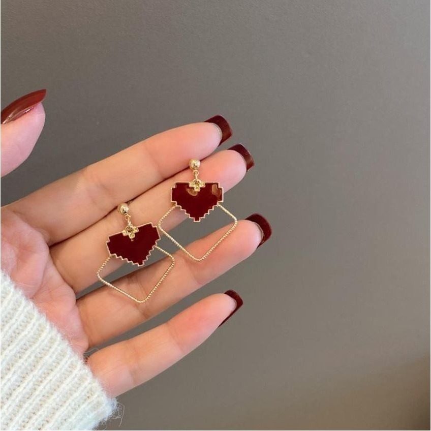 ♛ROSEMAYR♛S925銀針 韓風 復古 幾何方形 酒紅色愛心 耳環-細節圖5