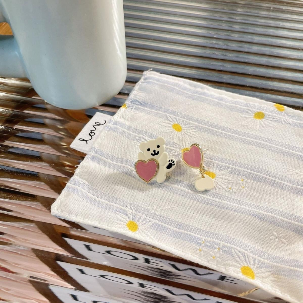 ♛ROSEMAYR♛S925銀針 可愛小熊 粉色愛心 耳環 耳釘-細節圖4