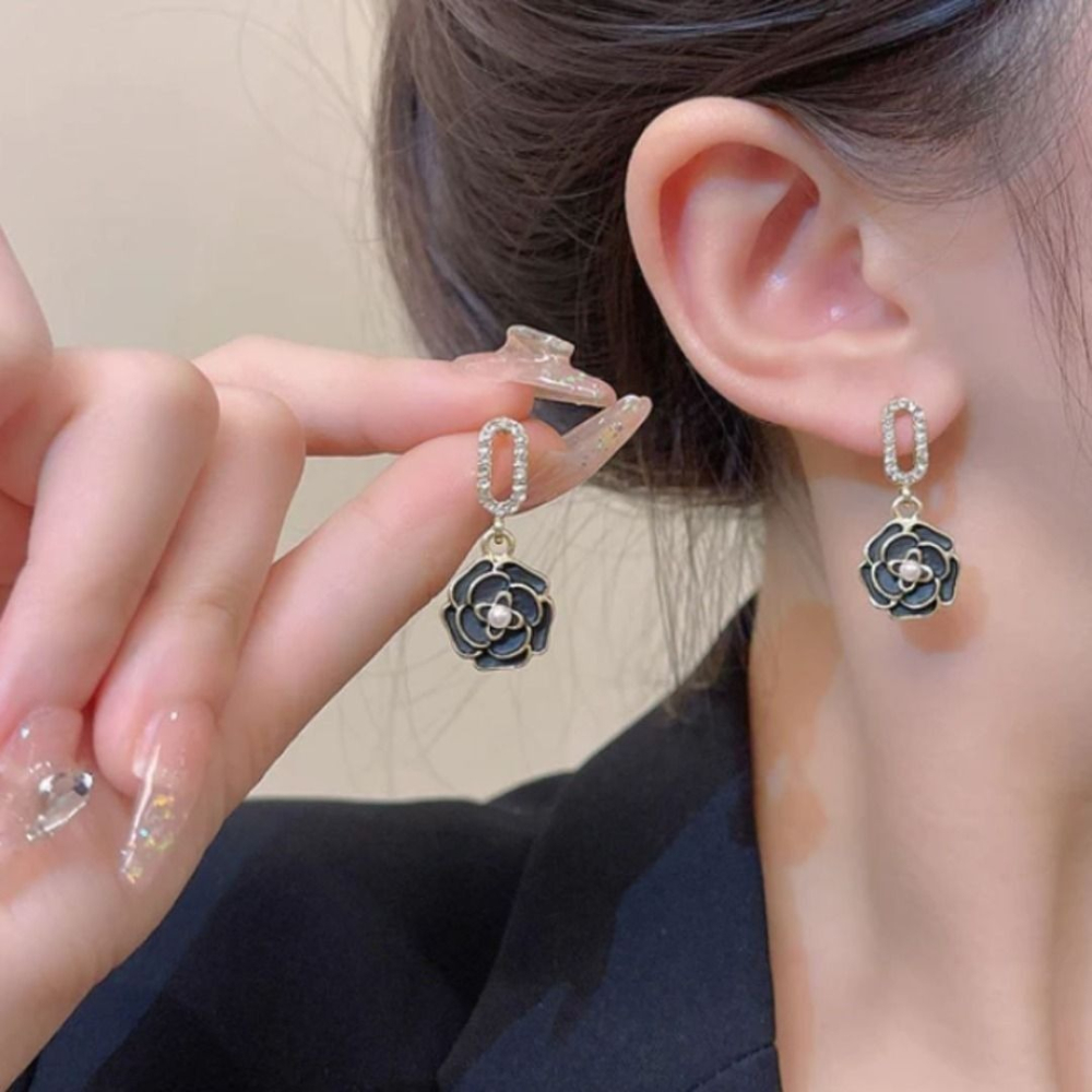 ♛ROSEMAYR♛[HU-0071] S925銀針 韓系名媛 小香風 珍珠山茶花吊墜水鑽耳環-細節圖5