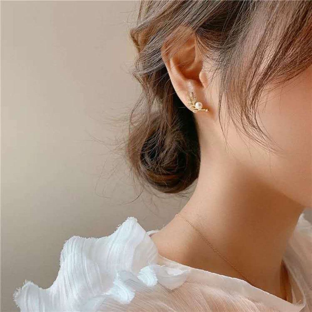 ♛ROSEMAYR♛[LX-0055] 韓版 森林系女孩 鑲鑽小樹葉珍珠耳釘 耳環-細節圖2