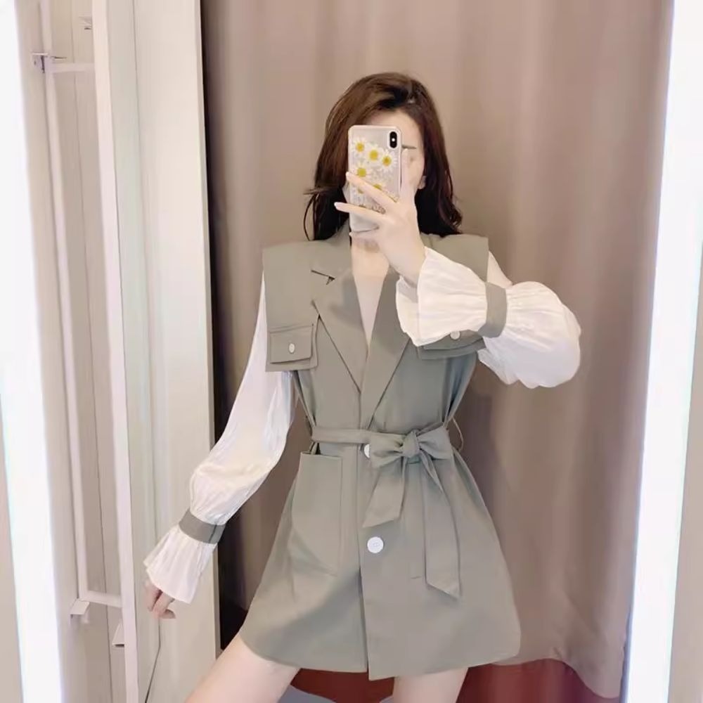 ♛ROSEMAYR♛廠商寄賣-韓系 氣質女神拼接荷葉袖假兩件洋裝/襯衫 (瑕疵)-細節圖7