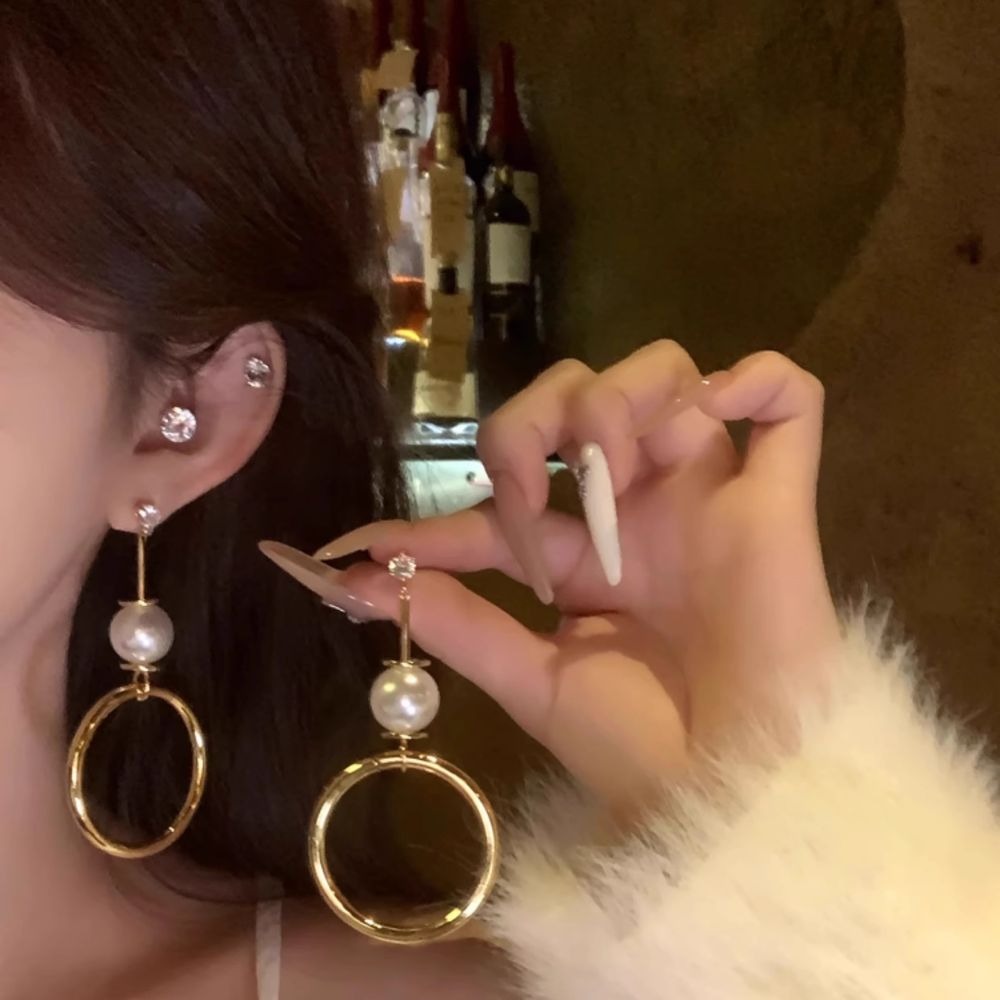 ♛ROSEMAYR♛[預購款] S925銀針 韓系酷辣風仿珍珠吊墜圓圈耳環-細節圖7