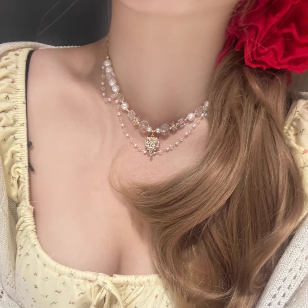 ♛ROSEMAYR♛[預購款] 法式輕奢雙層珍珠水晶愛心項鏈/鎖骨鏈-細節圖4