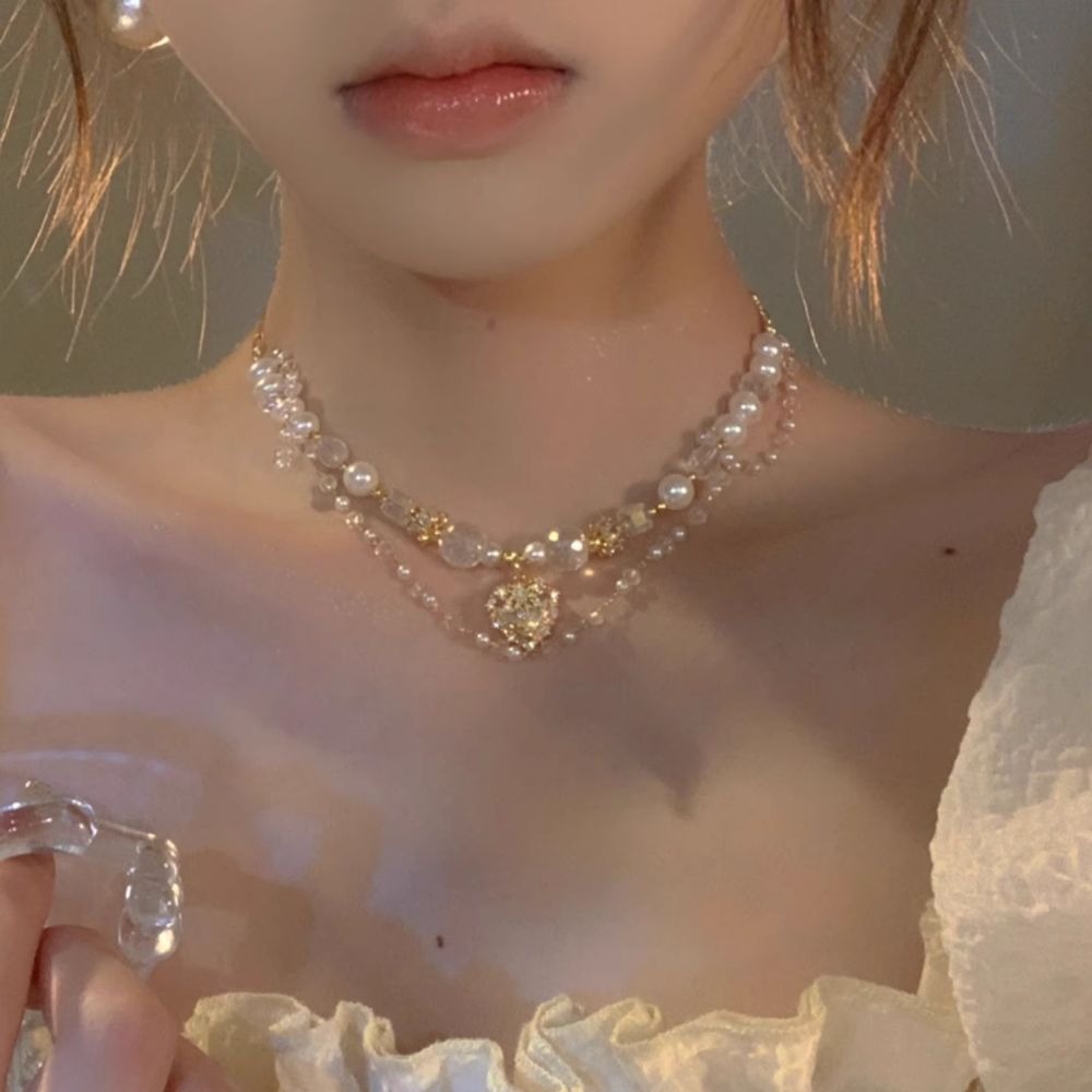 ♛ROSEMAYR♛[預購款] 法式輕奢雙層珍珠水晶愛心項鏈/鎖骨鏈-細節圖5
