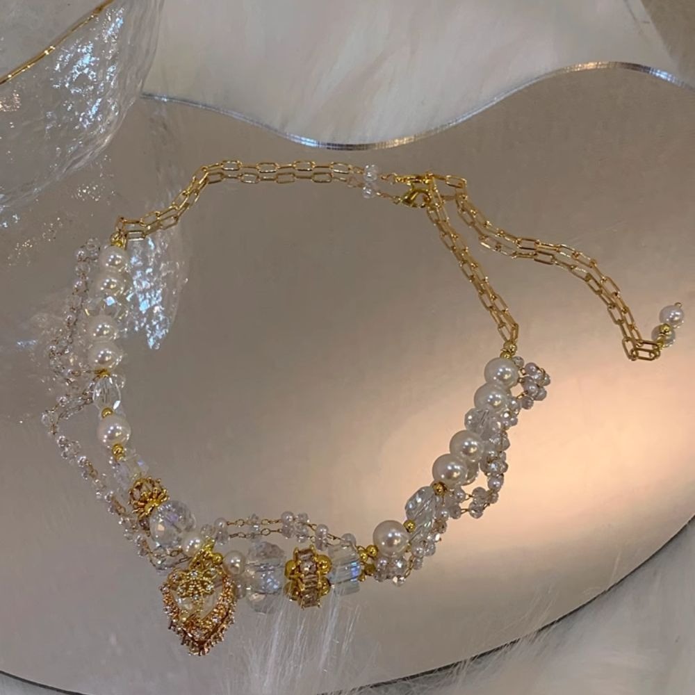 ♛ROSEMAYR♛[預購款] 法式輕奢雙層珍珠水晶愛心項鏈/鎖骨鏈-細節圖6