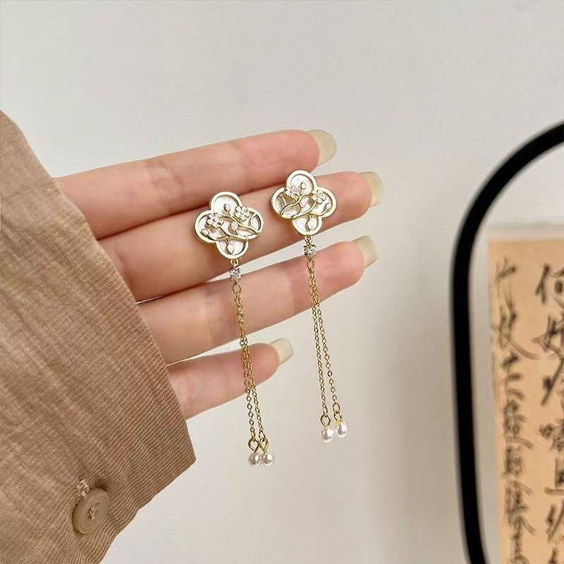 ♛ROSEMAYR♛[預購款] S925銀針 新中式四葉花朵珍珠吊墜耳環-細節圖5