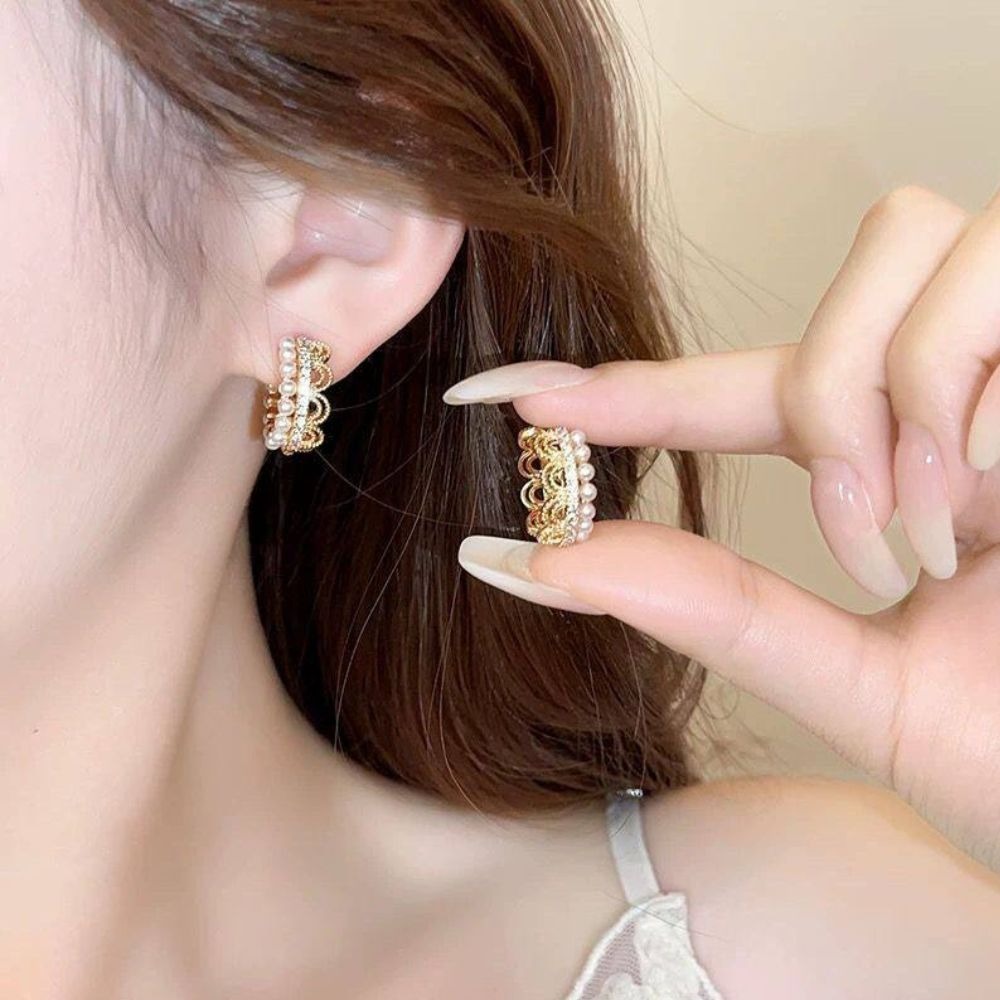 ♛ROSEMAYR♛ S925銀針 法式貴族 蕾絲邊珍珠皇冠耳環-細節圖5