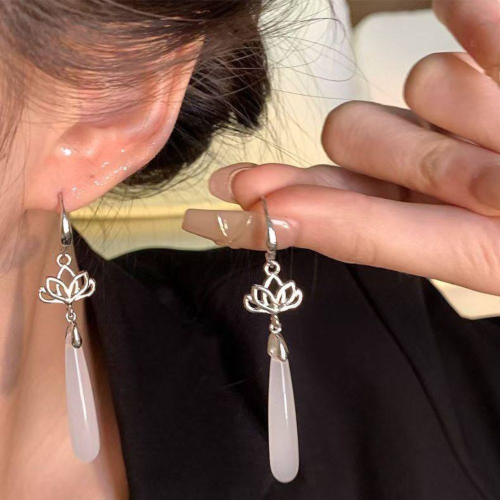 ♛ROSEMAYR♛ S925銀針 新中式清冷感 蓮花水滴吊墜耳環-細節圖6