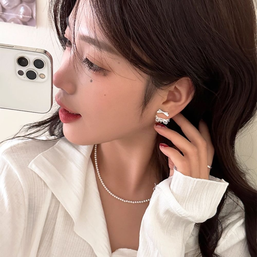 ♛ROSEMAYR♛ S925銀針 韓系甜酷風 蝴蝶結扇形蕾絲耳環-細節圖3