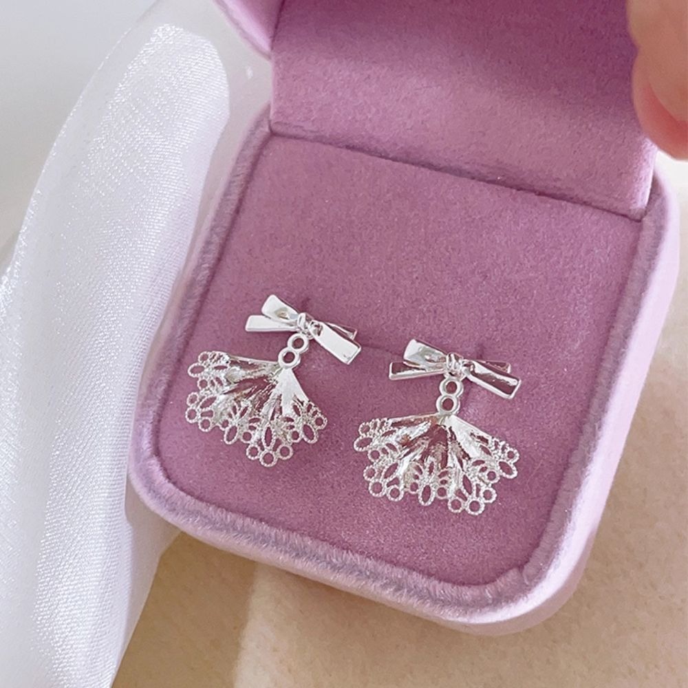 ♛ROSEMAYR♛ S925銀針 韓系甜酷風 蝴蝶結扇形蕾絲耳環-細節圖6