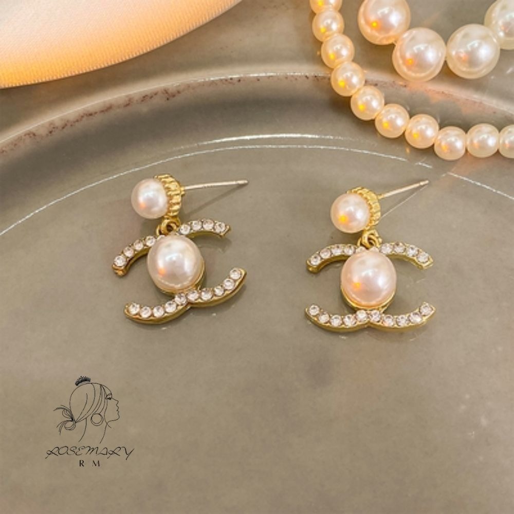 ♛ROSEMAYR♛[CR-0011] 韓版 輕奢名媛 水鑽字母鑲嵌珍珠耳環-細節圖3