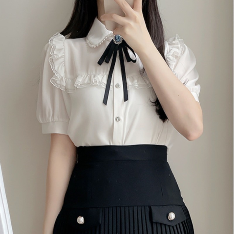 預購*法式宮廷風蝴蝶結領結娃娃領蕾絲花邊短袖雪紡襯衫 lolita 地雷系 設計感 軟妹 華麗 復古 少女 內搭-細節圖3