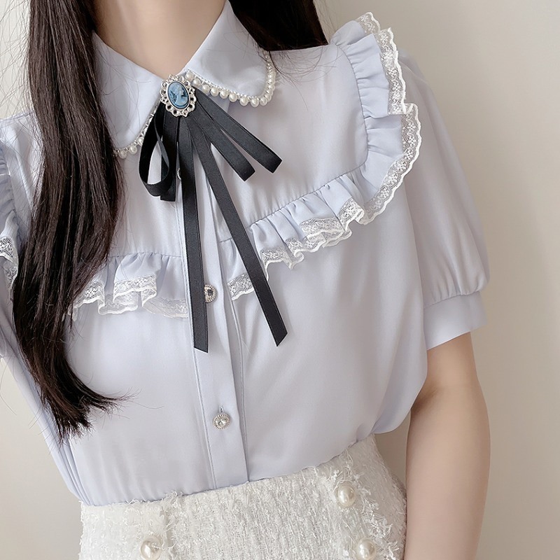 預購*法式宮廷風蝴蝶結領結娃娃領蕾絲花邊短袖雪紡襯衫 lolita 地雷系 設計感 軟妹 華麗 復古 少女 內搭-細節圖4