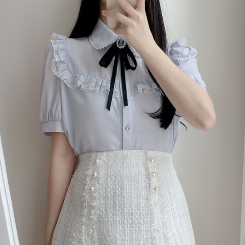 預購*法式宮廷風蝴蝶結領結娃娃領蕾絲花邊短袖雪紡襯衫 lolita 地雷系 設計感 軟妹 華麗 復古 少女 內搭-細節圖5