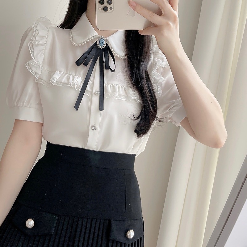 預購*法式宮廷風蝴蝶結領結娃娃領蕾絲花邊短袖雪紡襯衫 lolita 地雷系 設計感 軟妹 華麗 復古 少女 內搭-細節圖6