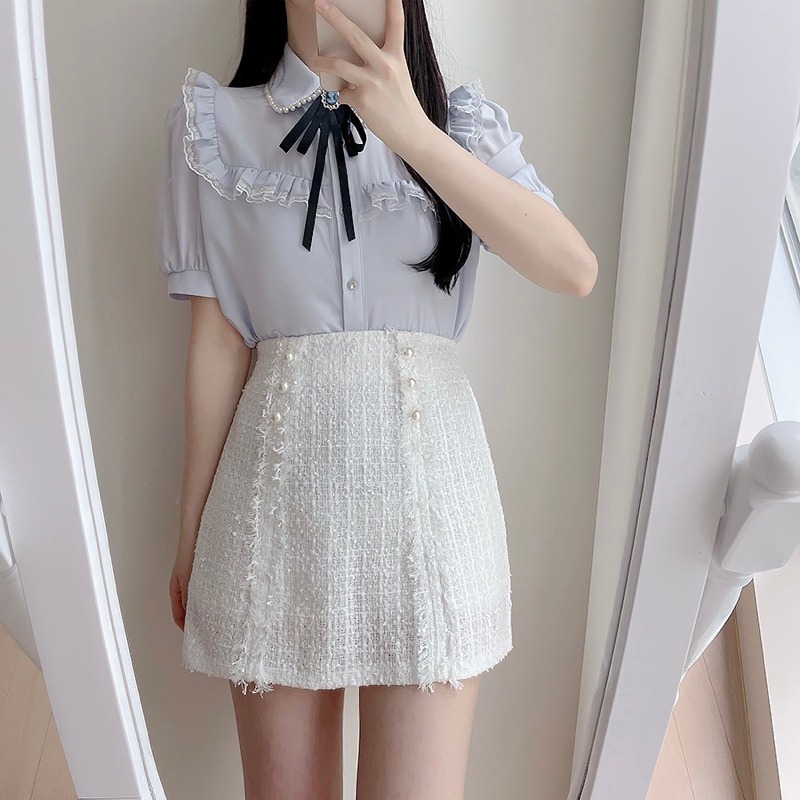 預購*法式宮廷風蝴蝶結領結娃娃領蕾絲花邊短袖雪紡襯衫 lolita 地雷系 設計感 軟妹 華麗 復古 少女 內搭-細節圖7