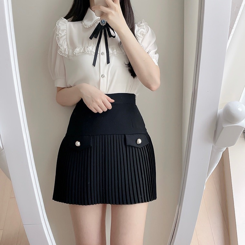 預購*法式宮廷風蝴蝶結領結娃娃領蕾絲花邊短袖雪紡襯衫 lolita 地雷系 設計感 軟妹 華麗 復古 少女 內搭-細節圖8