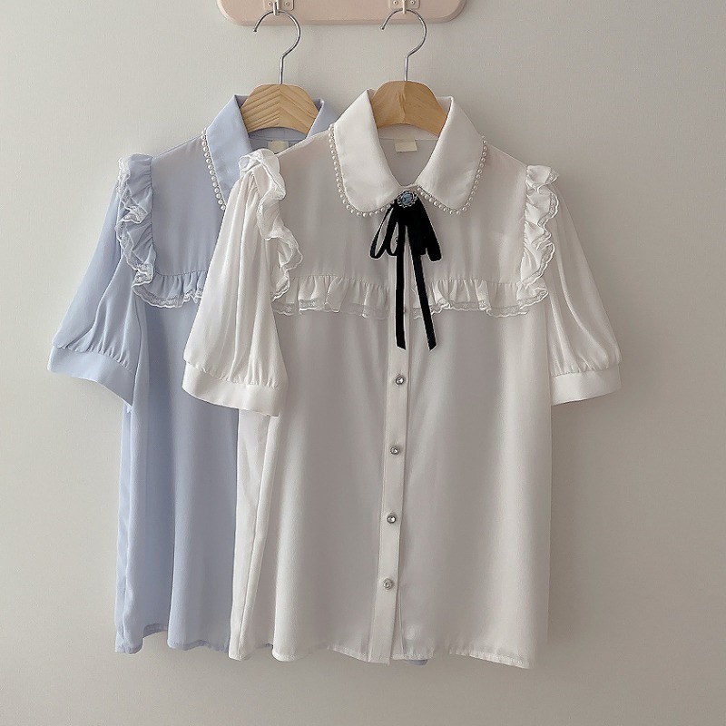 預購*法式宮廷風蝴蝶結領結娃娃領蕾絲花邊短袖雪紡襯衫 lolita 地雷系 設計感 軟妹 華麗 復古 少女 內搭-細節圖9