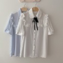 預購*法式宮廷風蝴蝶結領結娃娃領蕾絲花邊短袖雪紡襯衫 lolita 地雷系 設計感 軟妹 華麗 復古 少女 內搭-規格圖9
