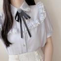 預購*法式宮廷風蝴蝶結領結娃娃領蕾絲花邊短袖雪紡襯衫 lolita 地雷系 設計感 軟妹 華麗 復古 少女 內搭-規格圖9