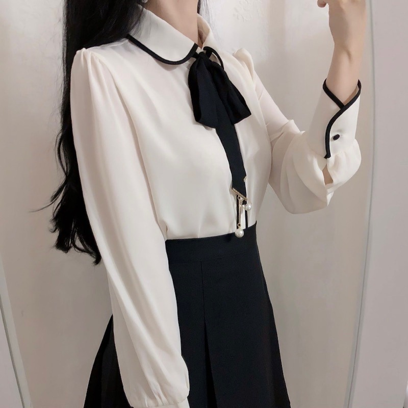 現貨+預購*宮廷風設計感娃娃領蝴蝶結綁帶領結撞色長袖襯衫 雪紡 學院風 文藝 地雷系 小清新 軟妹 少女 上衣 內搭-細節圖4