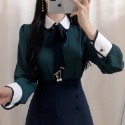 現貨+預購*宮廷風設計感娃娃領蝴蝶結綁帶領結撞色長袖襯衫 雪紡 學院風 文藝 地雷系 小清新 軟妹 少女 上衣 內搭-規格圖9