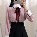 現貨+預購*宮廷風設計感娃娃領蝴蝶結綁帶領結撞色長袖襯衫 雪紡 學院風 文藝 地雷系 小清新 軟妹 少女 上衣 內搭-規格圖9
