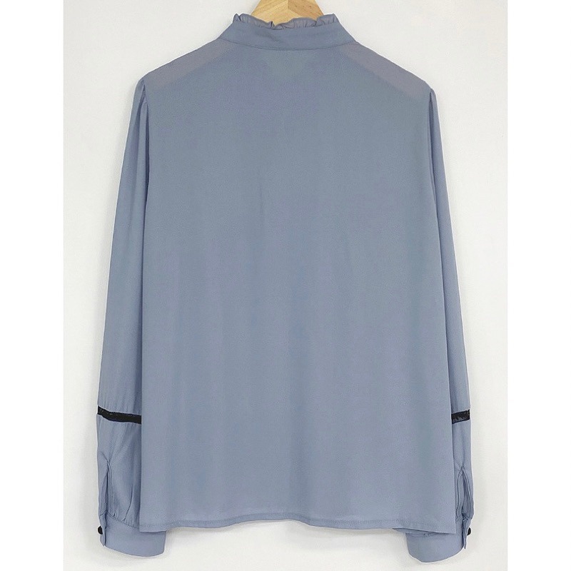 預購*地雷系荷葉邊藍色蕾絲蝴蝶結領結長袖襯衫 量產型 法式 復古 設計感 宮廷風 lolita 蘿莉塔 軟妹 上衣-細節圖8