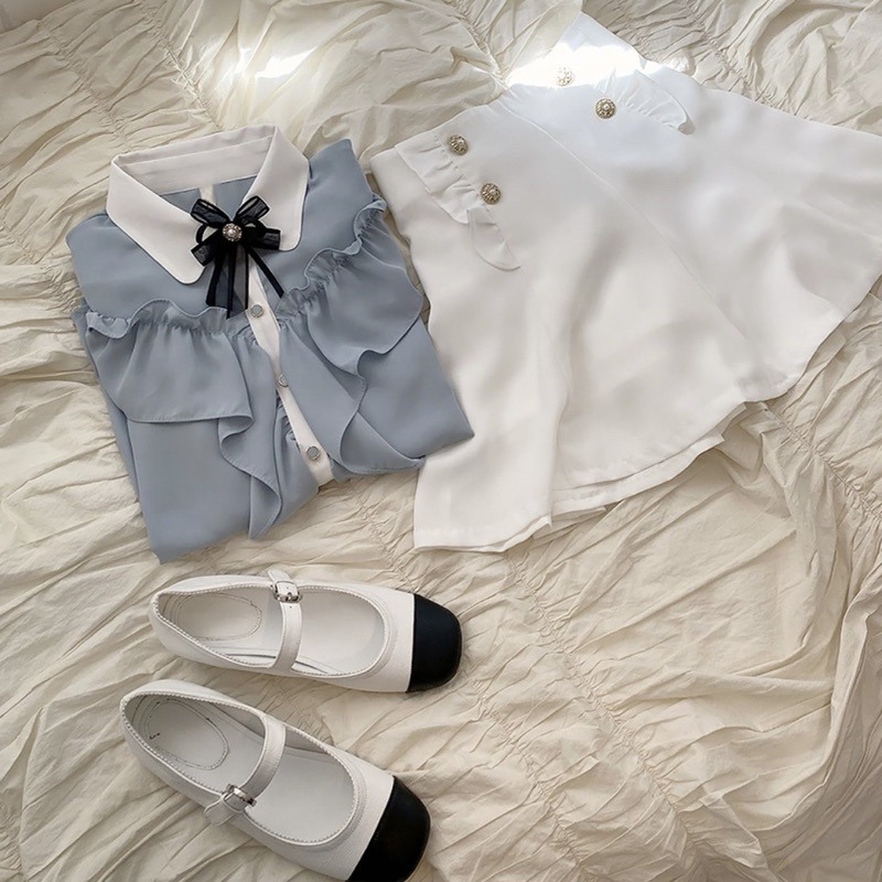 現貨+預購*地雷系量產型雪紡荷葉邊蝴蝶結領結長袖襯衫 復古 日系 lolita 蘿莉塔 設計感 軟妹 學院風 少女 上衣-細節圖5