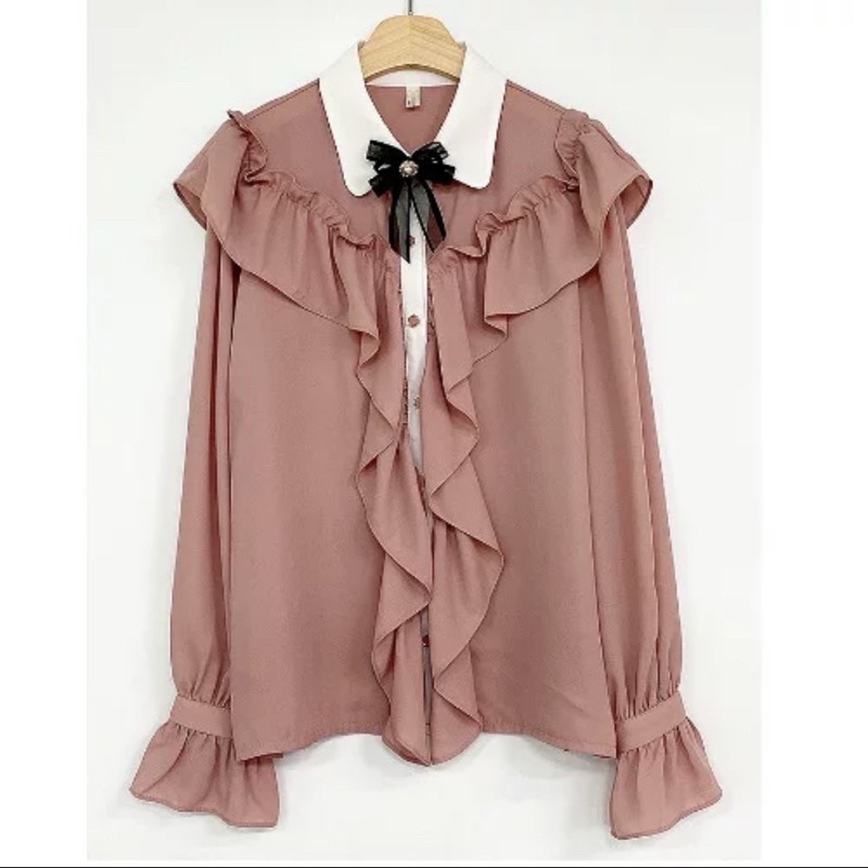 現貨+預購*地雷系量產型雪紡荷葉邊蝴蝶結領結長袖襯衫 復古 日系 lolita 蘿莉塔 設計感 軟妹 學院風 少女 上衣-細節圖7