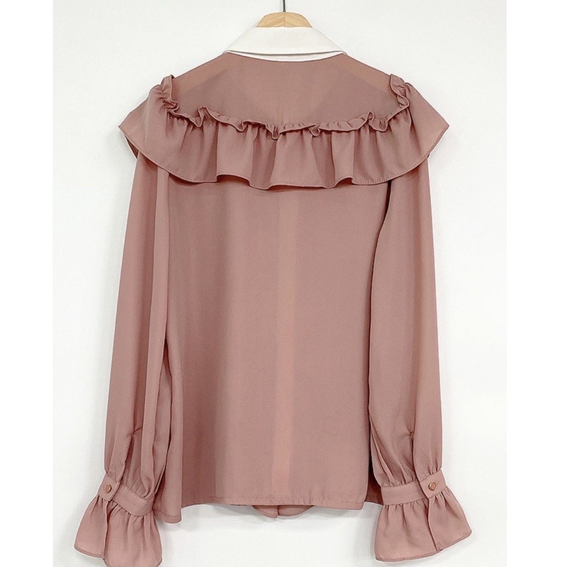 現貨+預購*地雷系量產型雪紡荷葉邊蝴蝶結領結長袖襯衫 復古 日系 lolita 蘿莉塔 設計感 軟妹 學院風 少女 上衣-細節圖8