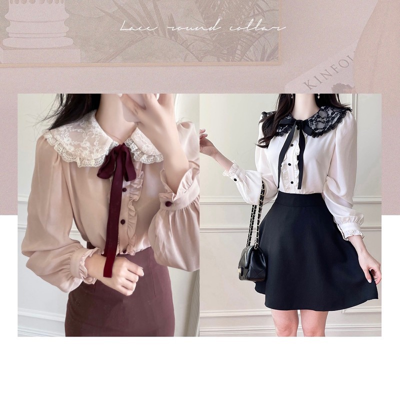 現貨+預購*法式地雷系蕾絲娃娃領撞色荷葉邊蝴蝶結雪紡襯衫 lolita 量產型 宮廷風 軟妹 華麗 復古 甜美 襯衫-細節圖2