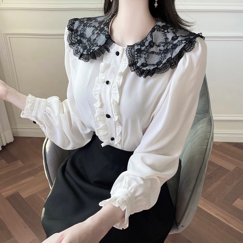 現貨+預購*法式地雷系蕾絲娃娃領撞色荷葉邊蝴蝶結雪紡襯衫 lolita 量產型 宮廷風 軟妹 華麗 復古 甜美 襯衫-細節圖3