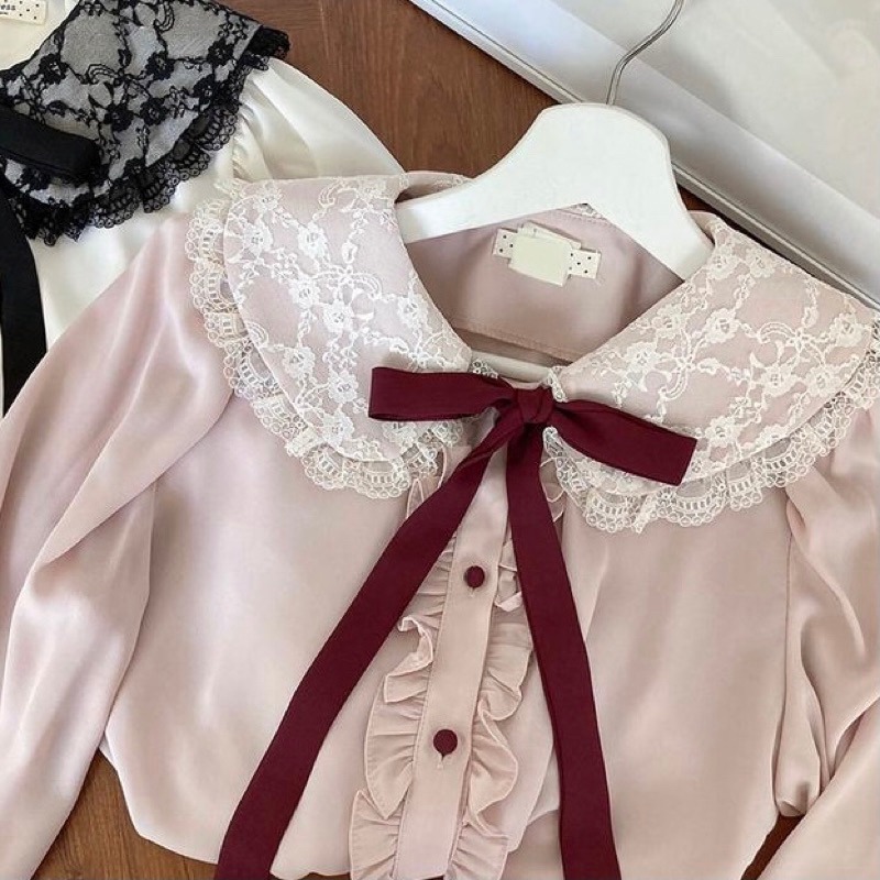 現貨+預購*法式地雷系蕾絲娃娃領撞色荷葉邊蝴蝶結雪紡襯衫 lolita 量產型 宮廷風 軟妹 華麗 復古 甜美 襯衫-細節圖4