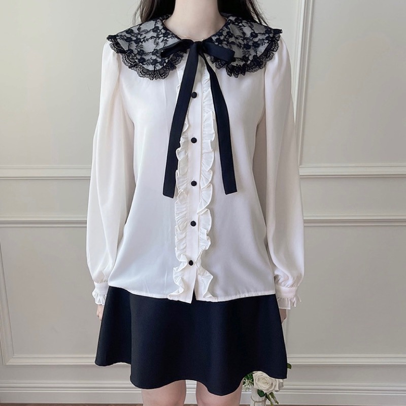 現貨+預購*法式地雷系蕾絲娃娃領撞色荷葉邊蝴蝶結雪紡襯衫 lolita 量產型 宮廷風 軟妹 華麗 復古 甜美 襯衫-細節圖5