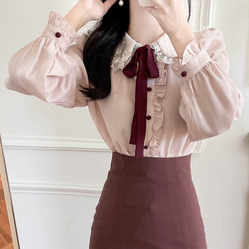 現貨+預購*法式地雷系蕾絲娃娃領撞色荷葉邊蝴蝶結雪紡襯衫 lolita 量產型 宮廷風 軟妹 華麗 復古 甜美 襯衫-細節圖8